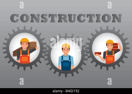 construction workers set inside gears gray background Stock Vector