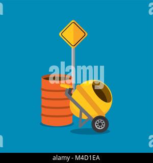 concret mixer and barrel road sign construction Stock Vector