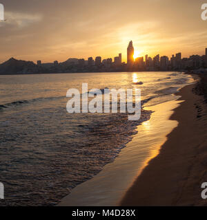 Golden sunset on the Poniente beach in Benidorm Stock Photo