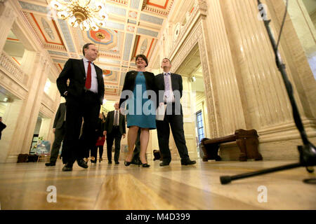 DUP Leader Arlene Foster speaks to the media inside Stormont Parliament Buildings,  Belfast, Monday, Feb 12th, 2018. Britain's Prime Minister Theresa May and Irish Prime Minister Leo Varadkar are to visit Belfast later for talks with the Stormont parties. The Prime Ministers left without a deal to restore devolved government. Stock Photo