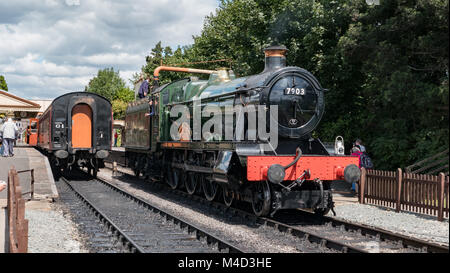 Steam engine 7903 Foremarke Hall at Toddington station and operated by Gloucestershire and Warwickshire Steam Railway. Gloucestershire England. UK. Stock Photo