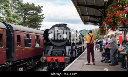 Steam engine No. 35006 Peninsular & Oriental S. N. Co. at Winchcombe station on the Gloucestershire and Warwickshire railway, England. UK. Stock Photo