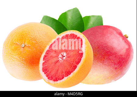 Isolated various fruits. Mango and grapefruit isolated on white background with clipping path as package design element. Stock Photo