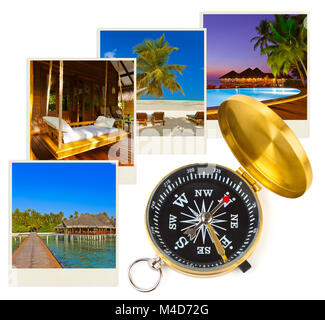 Maldives beach images and compass (my photos) Stock Photo