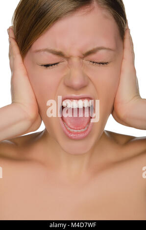 Beautiful emotional woman covers her ears with her hands Stock Photo