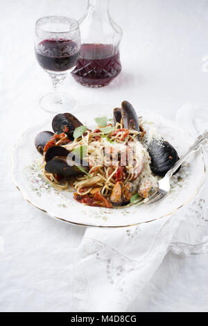 Spaghetti with blue Mussels on Plate Stock Photo