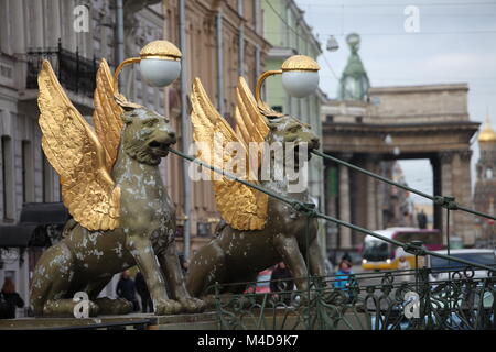 Griffins winged lions bank bridge in St. Petersburg Stock Photo