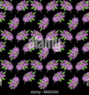 Floral pattern of fresh lilac flowers branch with leaves Stock Photo