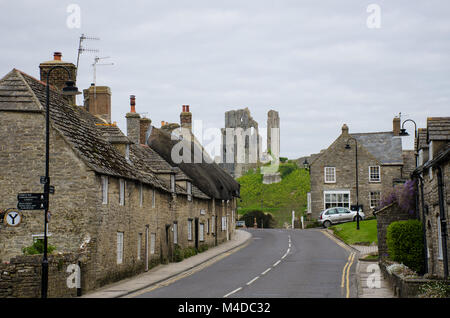 Corfe village main street  with castle in background Stock Photo