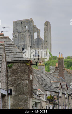 Corfe village with castle in background Stock Photo