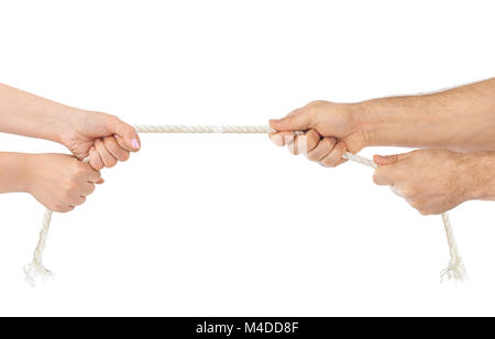 Man and woman hands with breaking rope Stock Photo