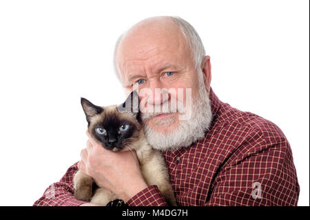 Cheerfull senior man with cat isolated on white Stock Photo