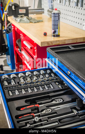Toolbox in the workshop, close-up Stock Photo