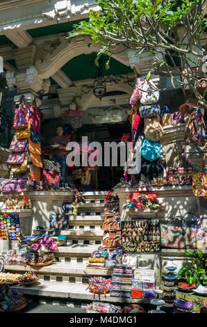 UBUD, BALI - MARCH 18: Typical souvenir shop selling souvenirs and handicrafts of Bali at the famous Ubud Market, Indonesia - Famous souvenirs at Ubud Stock Photo