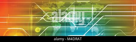 Hi-tech abstract banner with dotted world map. Vector header bright design Stock Vector