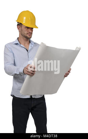 Construction Worker with Blueprints Stock Photo