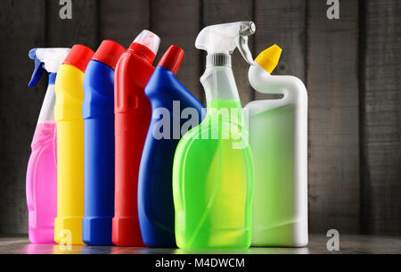 Variety of detergent bottles and chemical cleaning supplies Stock Photo