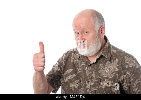 Senior man shows thumbs up gesture, isolated on white Stock Photo