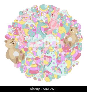 Pastel cartoon doodles baby toy vector illustration. Round picture with lots of teddy bear, rocking horse, rabbit, toy blocks, balls and letters. All  Stock Vector