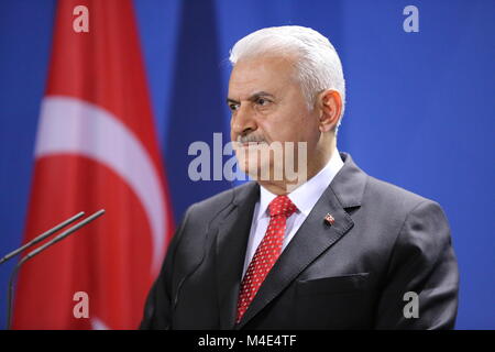 Berlin, Germany. 15th Feb, 2018. Berlin: Berlin: The photo shows Turkish Prime Minister Binali Yildirim on the podium at the press conference in the Federal Chancellery. Credit: Simone Kuhlmey/Pacific Press/Alamy Live News Stock Photo