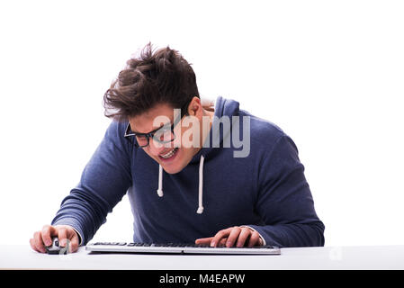 Funny nerd man working on computer isolated on white Stock Photo
