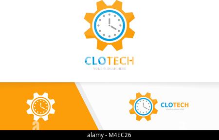 Vector clock and gear logo combination. Time and mechanic symbol or icon. Unique express and industrial logotype design template. Stock Vector