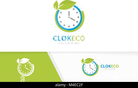 Vector clock and leaf logo combination. Time and eco symbol or icon. Unique express and organic logotype design template. Stock Vector