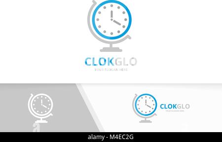 Vector clock and globe logo combination. Time planet symbol or icon. Unique express logotype design template. Stock Vector