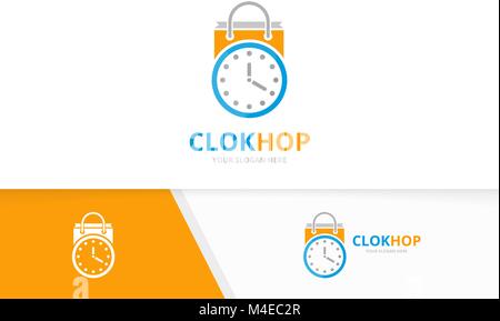 Vector clock and shop logo combination. Time and sale symbol or icon. Unique express and bag logotype design template. Stock Vector