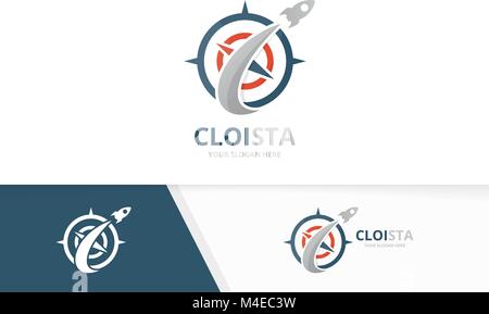 Vector compass and rocket logo combination. Navigation and airplane symbol or icon. Unique travel and flight logotype design template. Stock Vector