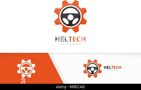 Vector car helm and gear logo combination. Steering wheel and mechanic symbol or icon. Unique rudder and industrial logotype design template. Stock Vector