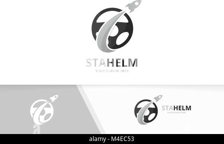 Vector car helm and rocket logo combination. Steering wheel and airplane symbol or icon. Unique rudder and flight logotype design template. Stock Vector