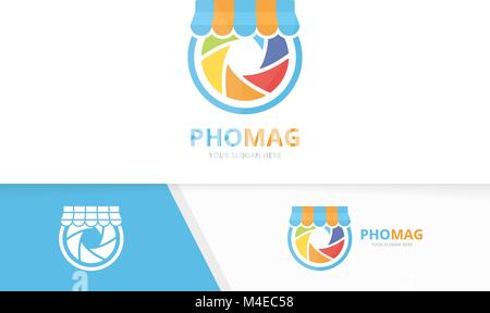 Vector camera shutter and shop logo combination. Lens and sale symbol or icon. Unique photo and market logotype design template. Stock Vector