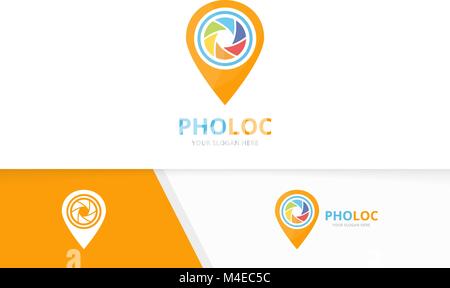 Vector camera shutter and map pointer logo combination. Lens and gps locator symbol or icon. Unique photo and pin logotype design template. Stock Vector
