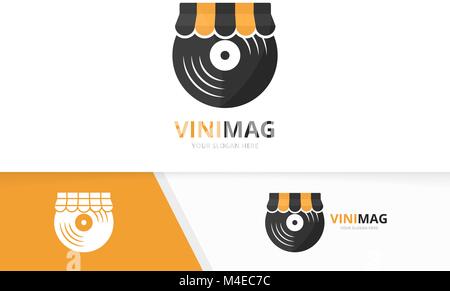 Vector vinyl and shop logo combination. Record and sale symbol or icon. Unique music album and market logotype design template. Stock Vector
