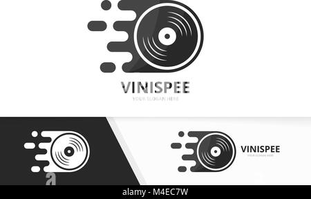 Vector fast vinyl logo combination. Speed record symbol or icon. Unique music album and digital logotype design template. Stock Vector