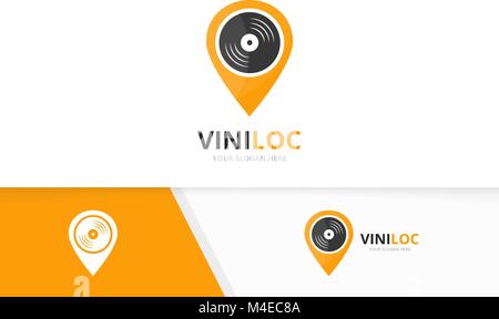 Vector vinyl and map pointer logo combination. Record and gps locator symbol or icon. Unique music album and pin logotype design template. Stock Vector