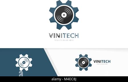 Vector vinyl and gear logo combination. Record and mechanic symbol or icon. Unique music album and industrial logotype design template. Stock Vector