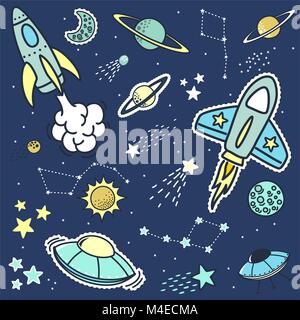 set of space objets stickers patches and design elements, design for children Stock Vector