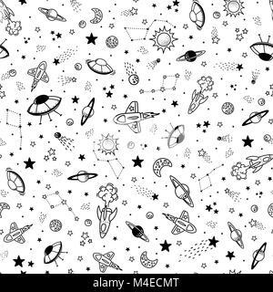 seamless background with spaceships and doodle design elements, design for children Stock Vector