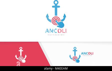 Vector anchor and click logo combination. Marine and cursor symbol or icon. Unique navy and digital logotype design template. Stock Vector