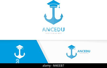 Vector graduate hat and anchor logo combination. Study and marine symbol or icon. Unique navy and college logotype design template. Stock Vector