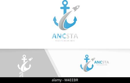 Vector anchor and rocket logo combination. Marine and airplane symbol or icon. Unique navy and flight logotype design template. Stock Vector
