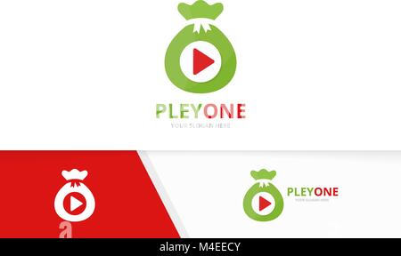 Vector button play and bag logo combination. Record and sack symbol or icon. Unique help and money logotype design template. Stock Vector