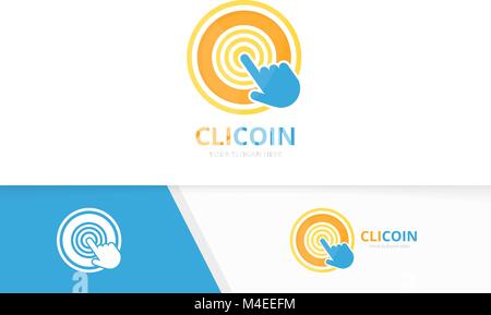 Vector coin and click logo combination. Money and cursor symbol or icon. Unique cash and digital logotype design template. Stock Vector