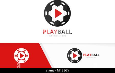 Vector button play and soccer logo combination. Record and ball symbol or icon. Unique connect and football logotype design template. Stock Vector