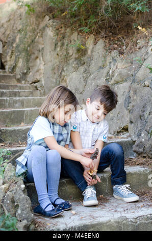 Boy and girl sitting on steps playing with pine cones Stock Photo
