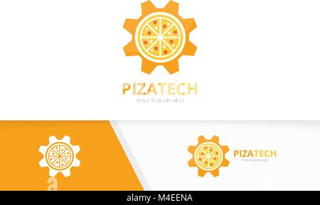 Vector pizza and gear logo combination. Food and mechanic symbol or icon. Unique pizzeria and industrial logotype design template. Stock Vector