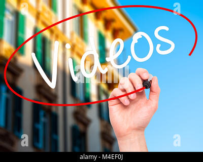 Man Hand writing Videos with black marker on visual screen. Isolated on ...