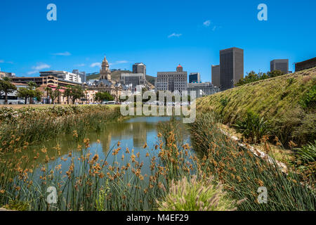 City skyline and moat at Castle of Good Hope, Cape Town, Western Cape, South Africa Stock Photo